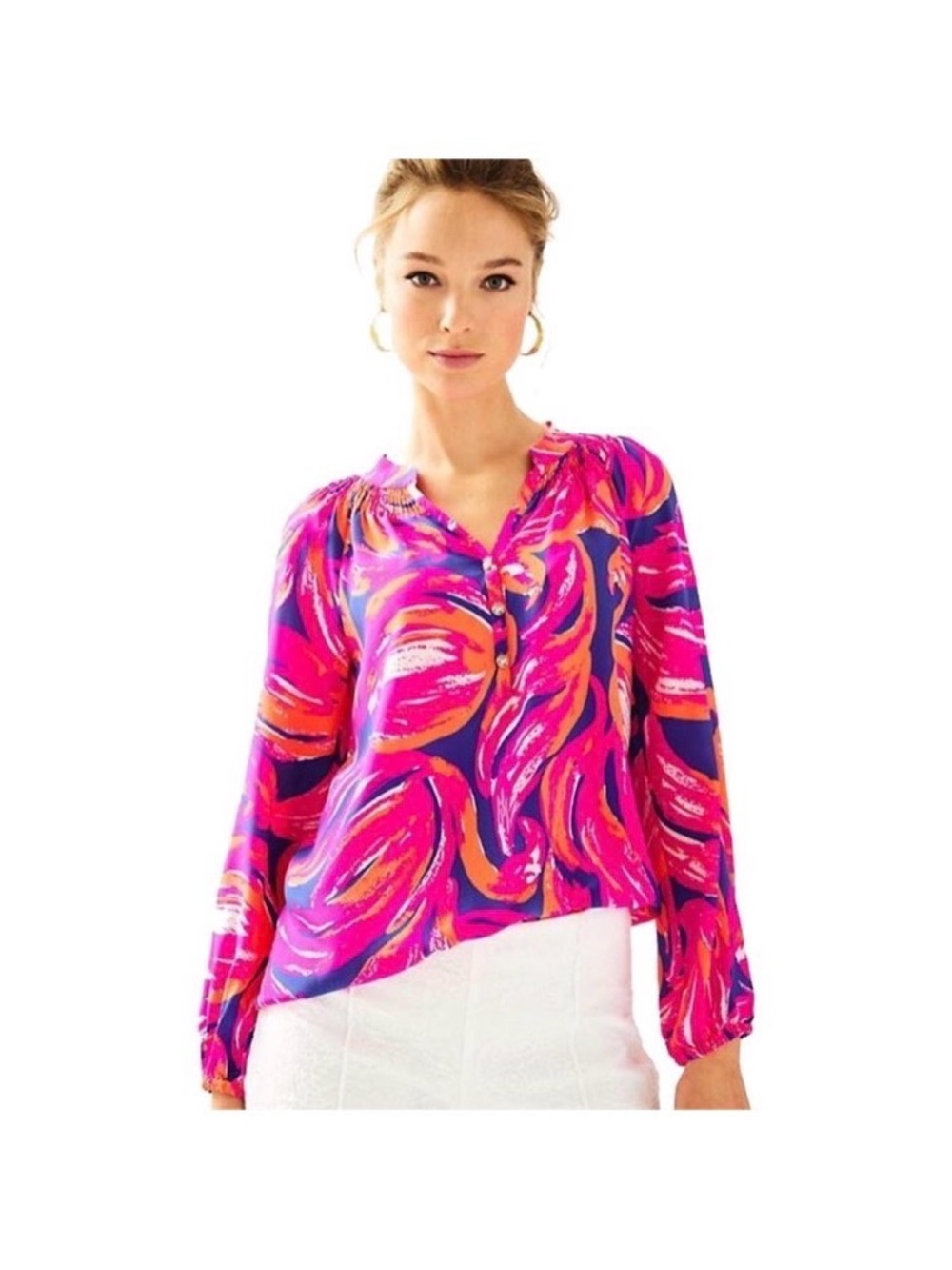 Lilly Pulitzer Silk Elsa Top Plume Bloom Pink Puff Sleeves Gold Buttons Sz S